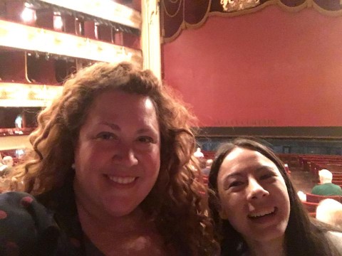 Meg with travel buddy soprano Alana at the Royal Opera House