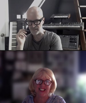 Image shows composer Murray Gold speaking to choir member Jane Hanson via an online video call