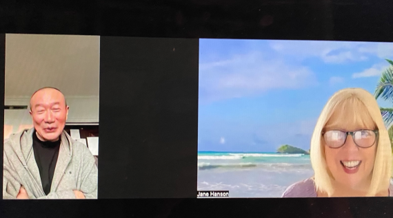 The composer and conductor Tan Dun chatting to our regular LPC blogger, LPC soprano Jane Hanson, in a zoom call from Shanghai